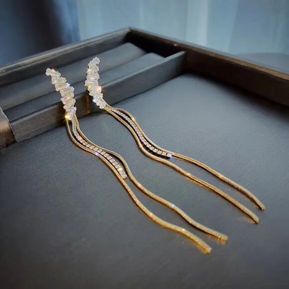 Gold Zircon Tassel Rhinestone Drop Crystal Dangle Earrings - Picture 1 of 10
